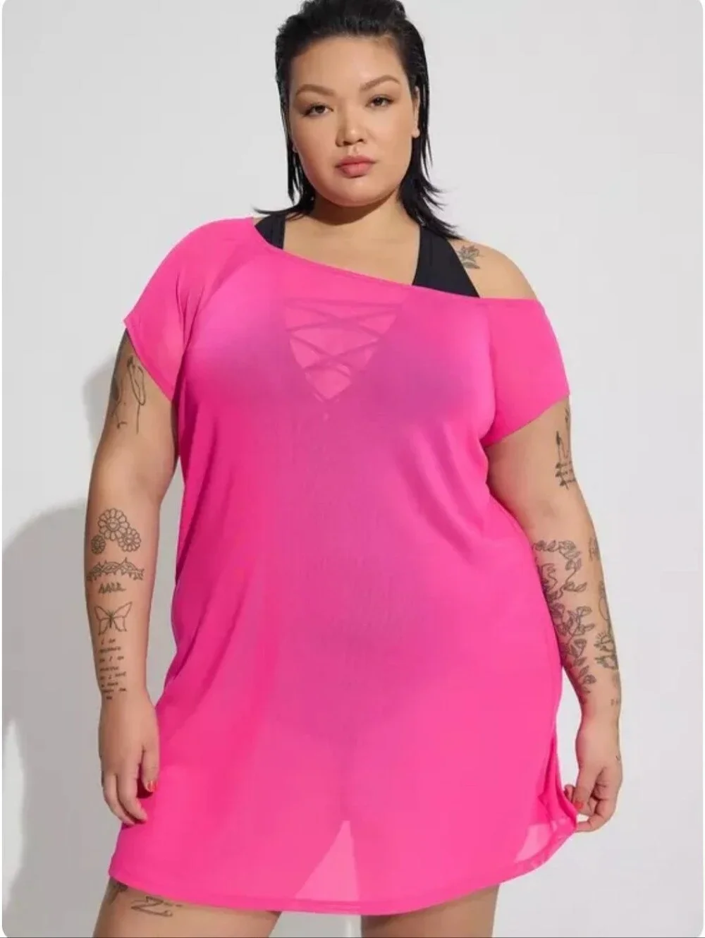 Torrid Mesh Off-Shoulder Coverup Dress Size 2 Color Pink Glo (Fuchsia) EUC